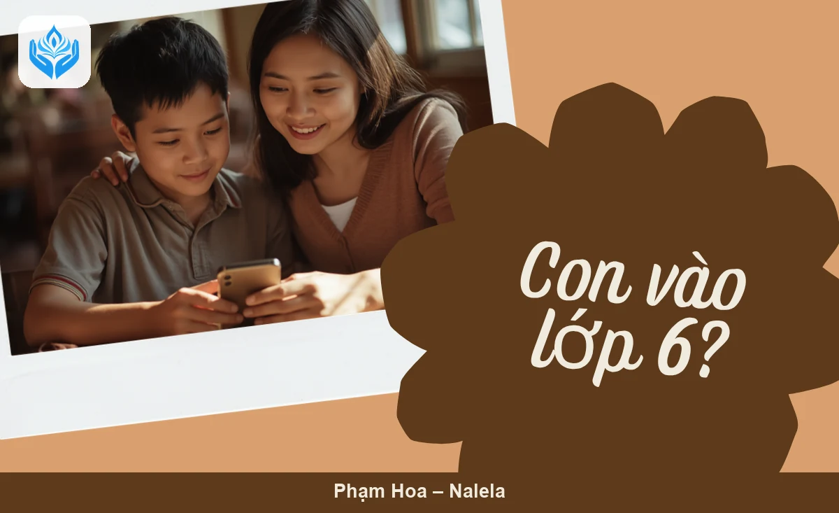 Mẹ và con trai lớp 6 cùng xem điện thoại — điện thoại cho học sinh lớp 6