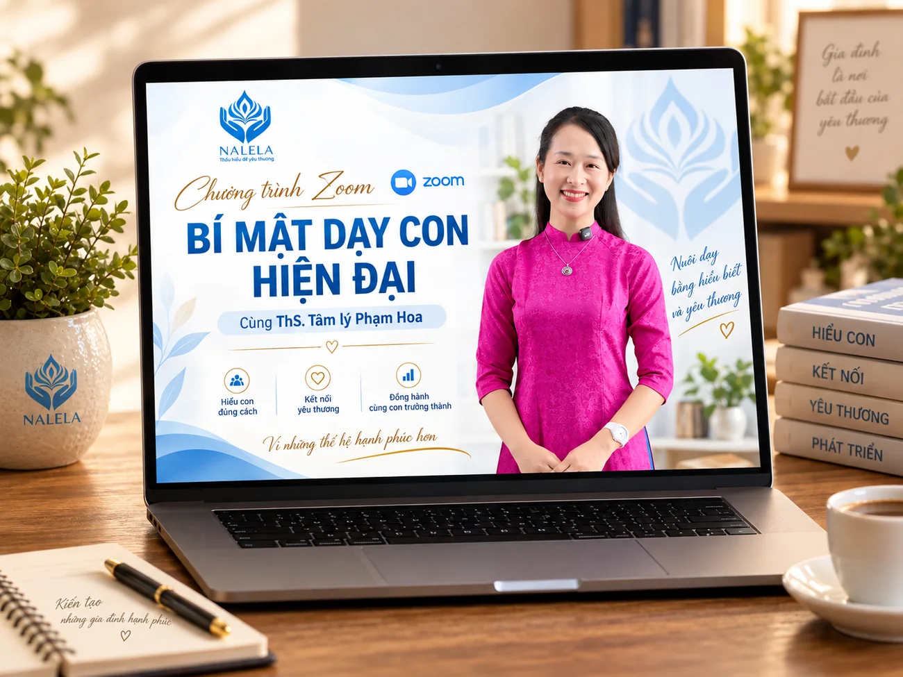 Máy tính xách tay hiển thị chương trình Zoom “Bí mật dạy con hiện đại” cùng ThS. Tâm lý Phạm Hoa.