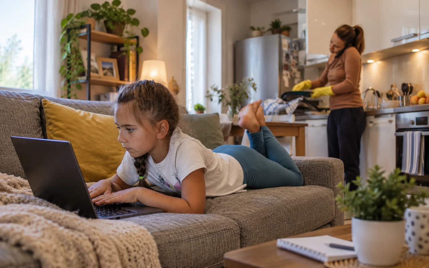 Bé gái nằm trên sofa dùng máy tính xách tay trong khi mẹ đang làm việc nhà ở phía sau.