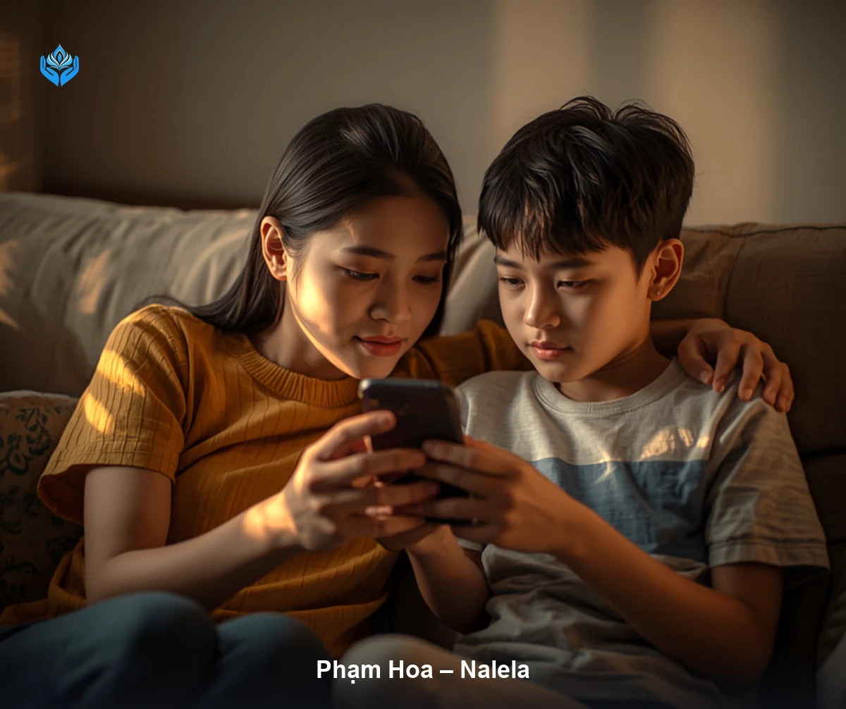 Quản lý điện thoại của con trên Android — người mẹ và con trai khoảng 12 tuổi ngồi cạnh nhau trên ghế sofa, cùng nhìn vào màn hình điện thoại trong ánh đèn ấm buổi tối